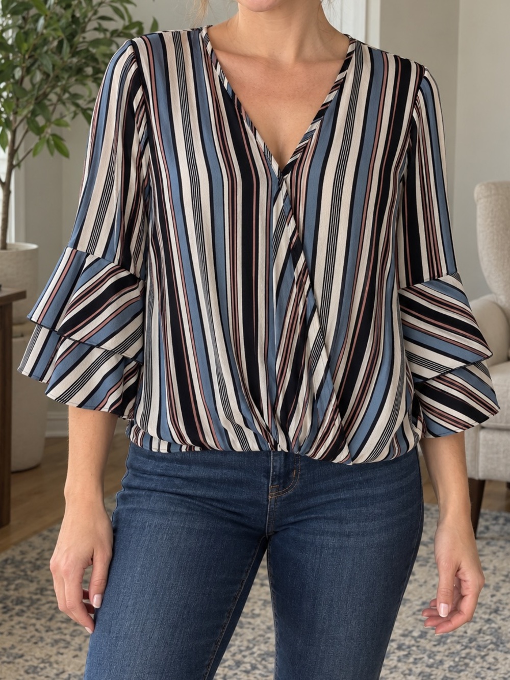Discreet Striped V-Neck Ruffle Sleeve Blouse in Blue, Black, White and Brown